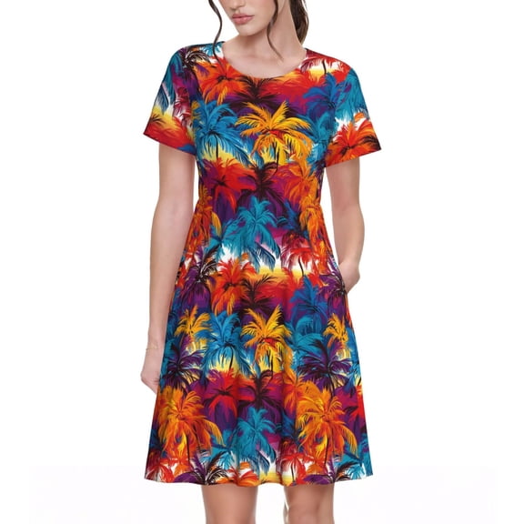 Vsdgher Colorful Hawaii Palms for Womens Summer 2025 Casual Midi Maxi Dresses Lightweight Short Sleeve Round Neck Beach Dress -X-Large