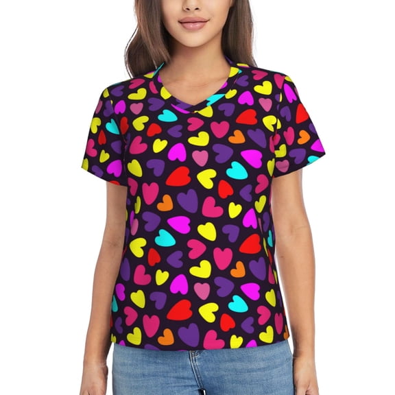 Vsdgher Colorful Hearts Women Shirts V Neck Short Sleeve Tops T-Shirt Basic Tees, S to 3XLMedium
