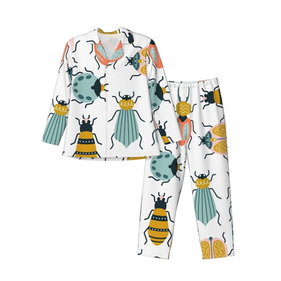 Vsdgher Colorful Insects Mens Pajama Set, Soft Warm Long Sleeve Sleepwear, Cozy Button-Down Pjs for Men-