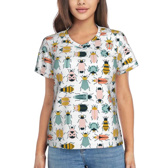 Vsdgher Colorful Insects Women Shirts V Neck Short Sleeve Tops T-Shirt Basic Tees, S to 3XLSmall