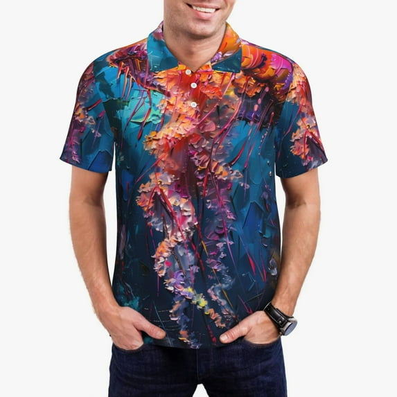 Vsdgher Colorful Jellyfish Abstract Polo Shirts for Men, Men's Short Sleeve Stretch Polo Shirt, Shirts for Men-Large
