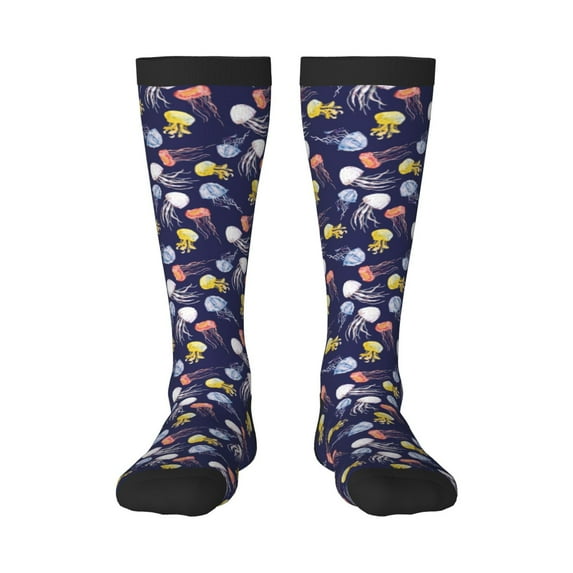 Vsdgher Colorful Jellyfish Print Thigh High Socks Extra Long Stretchy Sock Women Over Knee High Opaque Stocking Daily Wear
