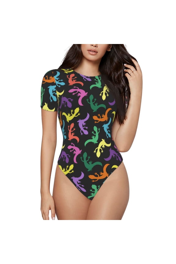 Colorful Lizards Prinr Short Sleeve Body suit for Womens, Sexy Onesie One Piece Round Neck Bodysuit Shapewear Tummy Control-Medium