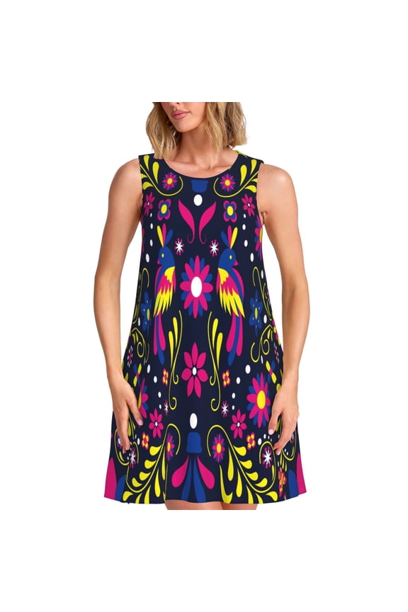 Colorful Mexican Print Summer Dresses for Women Casual U Neck Beach Dress Sleeveless Tank Loose Sundress with Pocket -Medium