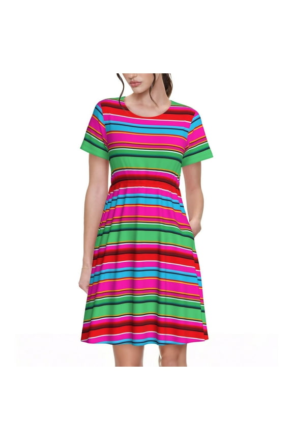 Colorful Mexican Stripes for Womens Summer 2025 Casual Midi Maxi Dresses Lightweight Short Sleeve Round Neck Beach Dress -Small
