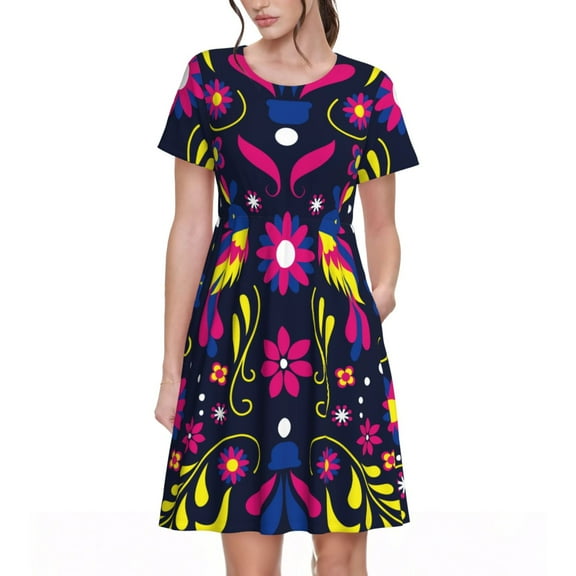 Vsdgher Colorful Mexican for Womens Summer 2025 Casual Midi Maxi Dresses Lightweight Short Sleeve Round Neck Beach Dress -Small