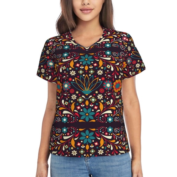 Vsdgher Colorful Mexican2 Women Shirts V Neck Short Sleeve Tops T-Shirt Basic Tees, S to 3XLSmall