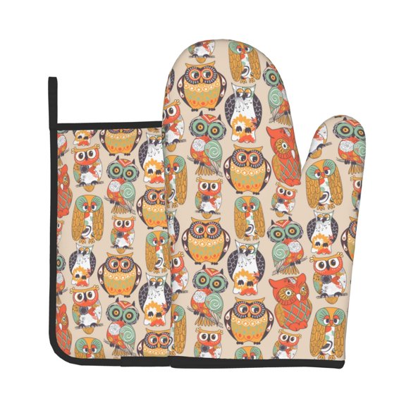 Vsdgher Colorful Owls Oven Mitts and Pot Holders 2 pcs Set,High Heat Resistant Kitchen Oven Glove for Baking and Cooking