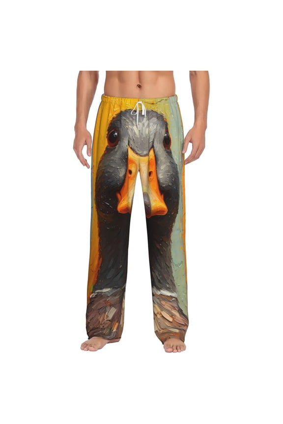 Colorful Painted Duck Print Mens Pajama Pants Sleep & Lounge Pants, PJ Bottoms With elastic waistb and Pockets