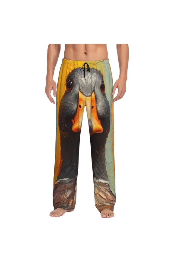 Colorful Painted Duck Print Mens Pajama Pants Sleep & Lounge Pants, PJ Bottoms With elastic waistb and Pockets