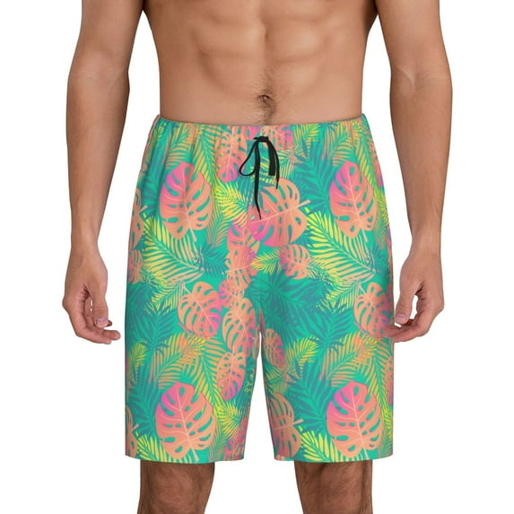 Vsdgher Colorful Palm Leaves Print Men's Pajama Shorts Lounge Bottoms Sleep Shorts Elastic Waist Lightweight PJ Shorts with Pockets-3X-Large