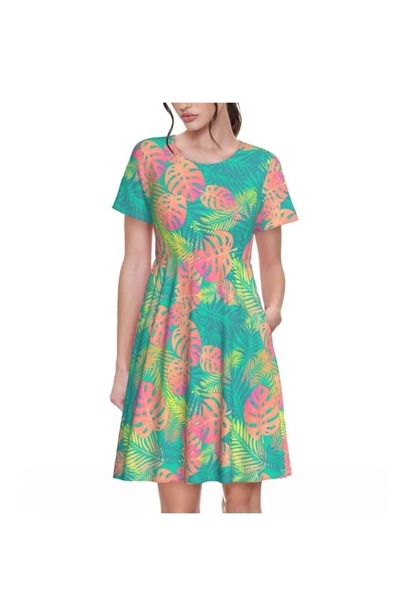 Colorful Palm Leaves for Womens Summer 2025 Casual Midi Maxi Dresses Lightweight Short Sleeve Round Neck Beach Dress -XX-Large