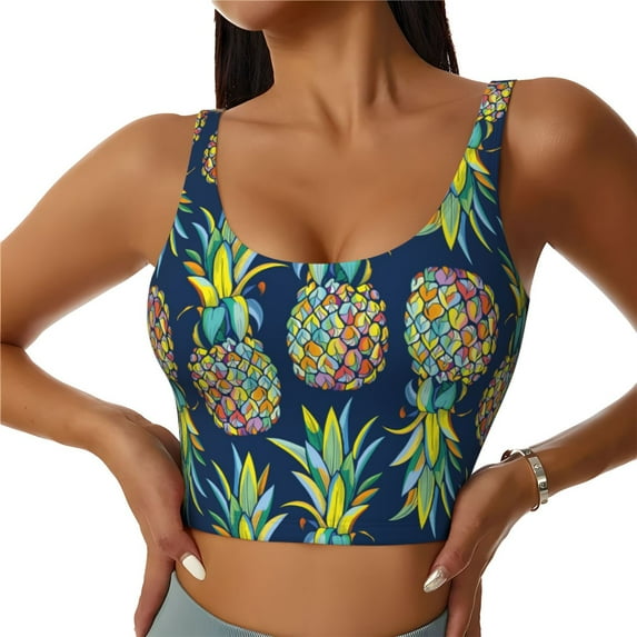 Vsdgher Colorful Pineapples Print Women Sleeveless Athletic Tank Top Built-in Bra Camisole Sports Vest for Yoga Running Fitness Exercise with Removable Pads