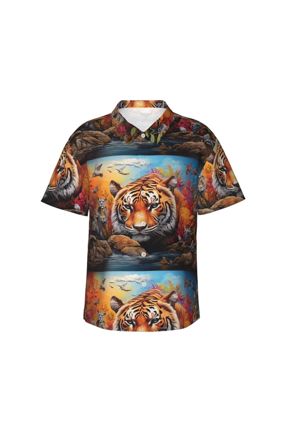 Colorful Plant Tiger Print Men's Hawaiian Shirts Button Down Tropical Holiday Beach Shirts Vacation Clothes,