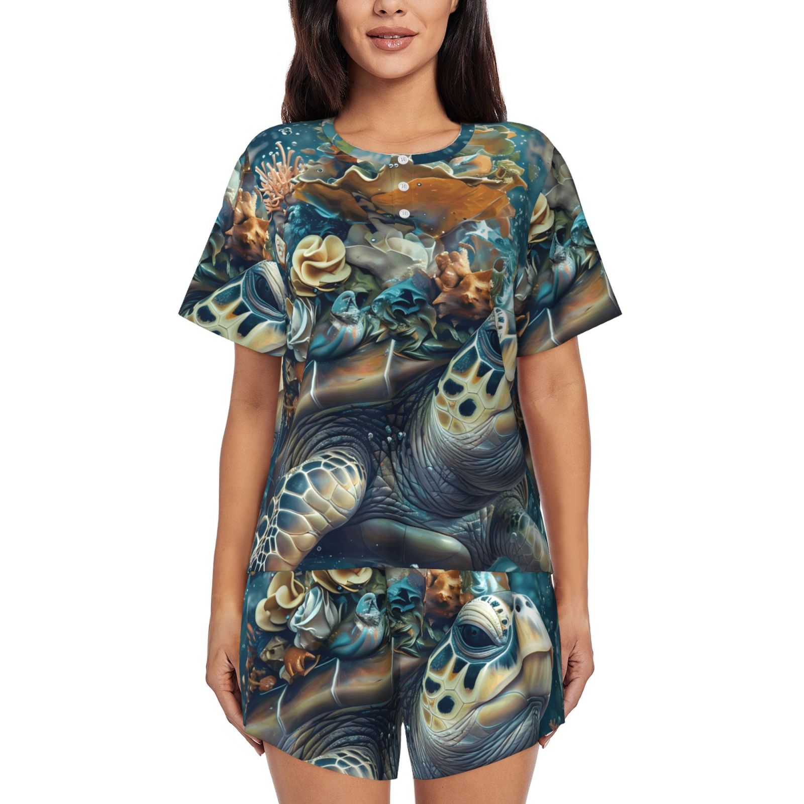 Pyjamas Colorful Vsdgher Colorful Plant Turtle Pattern Womens Pajamas 2 Piece Short ...