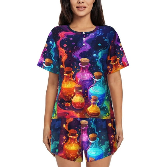 Vsdgher Colorful Potion Bottles Magic Pattern Womens Pajamas 2 Piece Short Sleeve Sleepwear Set,Summer Soft Pajamas Set Casual Lounge Sets, 2-Piece Pj -X-Large