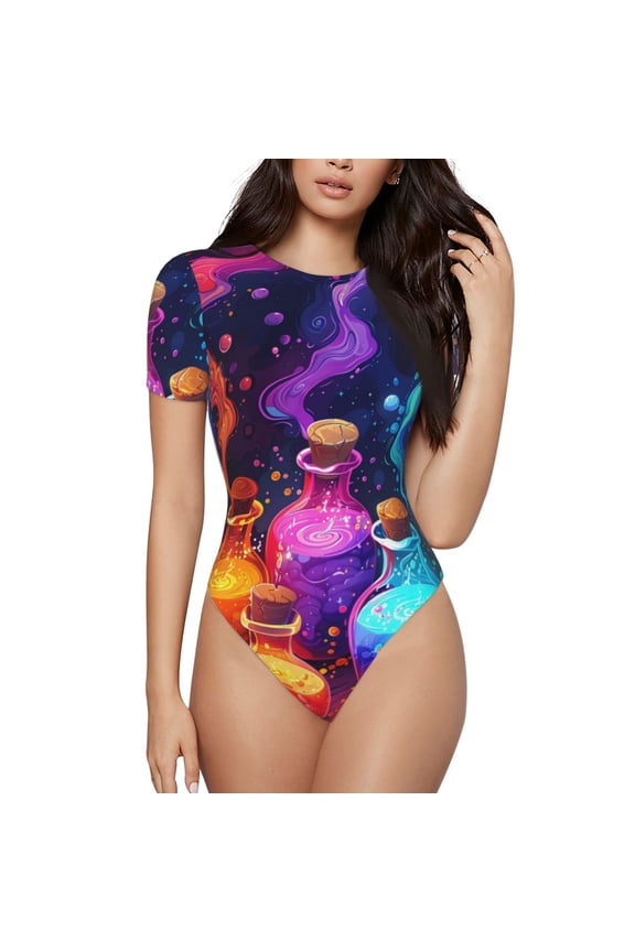 Colorful Potion Bottles Magic Prinr Short Sleeve Body suit for Womens, Sexy Onesie One Piece Round Neck Bodysuit Shapewear Tummy Control-X-Large