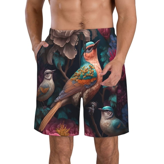 Vsdgher Colorful Rose Bird Men's Beach Shorts, Surfing shorts, Swim trunks, Quick Dry Swim Trunks for Surfing Beach Fun -Small