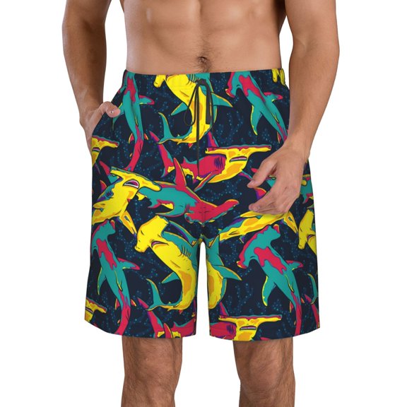 Vsdgher Colorful Sharks Men's Beach Shorts, Surfing shorts, Swim trunks, Quick Dry Swim Trunks for Surfing Beach Fun -Large