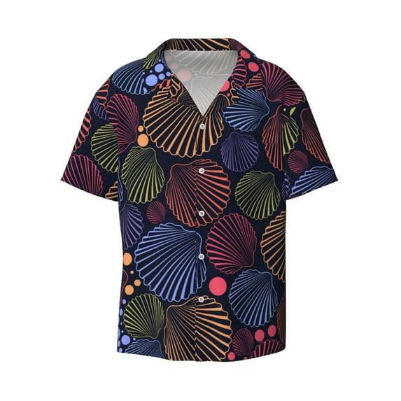 Vsdgher Colorful Shells Print Men's Wrinkle Free Untucked Cuban Shirt Business Casual Button Down Shirts Short Sleeve Shirt