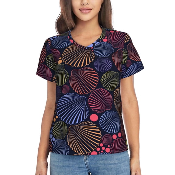 Vsdgher Colorful Shells Women Shirts V Neck Short Sleeve Tops T-Shirt Basic Tees, S to 3XLMedium