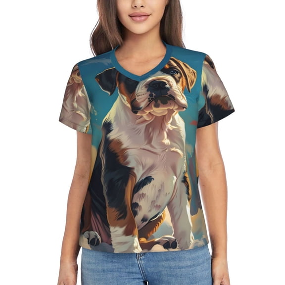 Vsdgher Colorful Sky Puppy Women Shirts V Neck Short Sleeve Tops T-Shirt Basic Tees, S to 3XLLarge