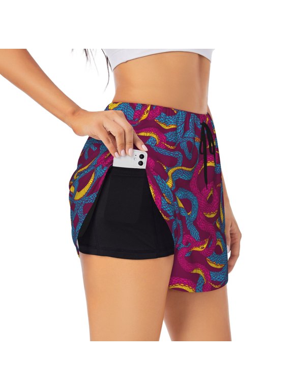 Colorful Snake Print Women's Running Double Layer Shorts High Waisted with Pockets Elastic Yoga Workout Athletic Gym Sports