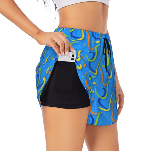Vsdgher Colorful Snake Print Women's Running Double Layer Shorts High Waisted with Pockets Elastic Yoga Workout Athletic Gym Sports