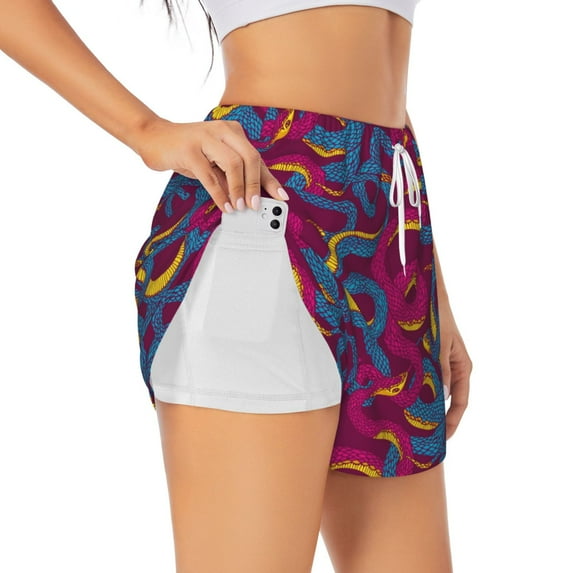 Vsdgher Colorful Snake Print Women's Running Double Layer Shorts High Waisted with Pockets Elastic Yoga Workout Athletic Gym Sports