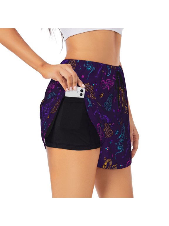 Colorful Snake Print Women's Running Double Layer Shorts High Waisted with Pockets Elastic Yoga Workout Athletic Gym Sports