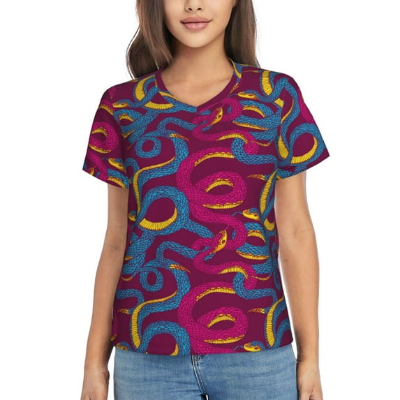 Vsdgher Colorful Snake Women Shirts V Neck Short Sleeve Tops T-Shirt Basic Tees, S to 3XLSmall