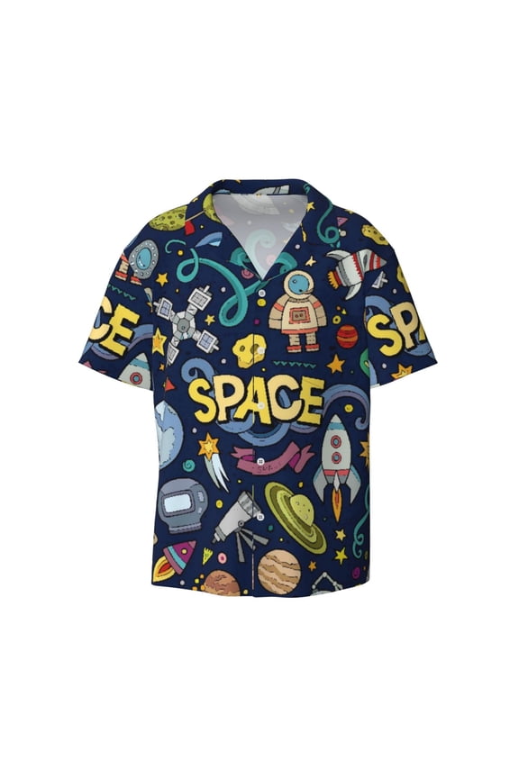 Colorful Space Print Men's Wrinkle Free Untucked Cuban Shirt Business Casual Button Down Shirts Short Sleeve Shirt