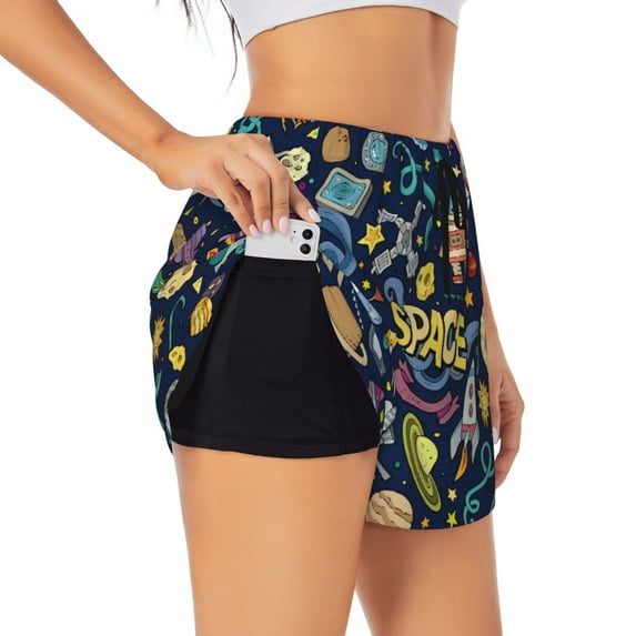Vsdgher Colorful Space Print Women's Running Double Layer Shorts High Waisted with Pockets Elastic Yoga Workout Athletic Gym Sports