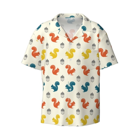 Vsdgher Colorful Squirrel Print Men's Wrinkle Free Untucked Cuban Shirt Business Casual Button Down Shirts Short Sleeve Shirt