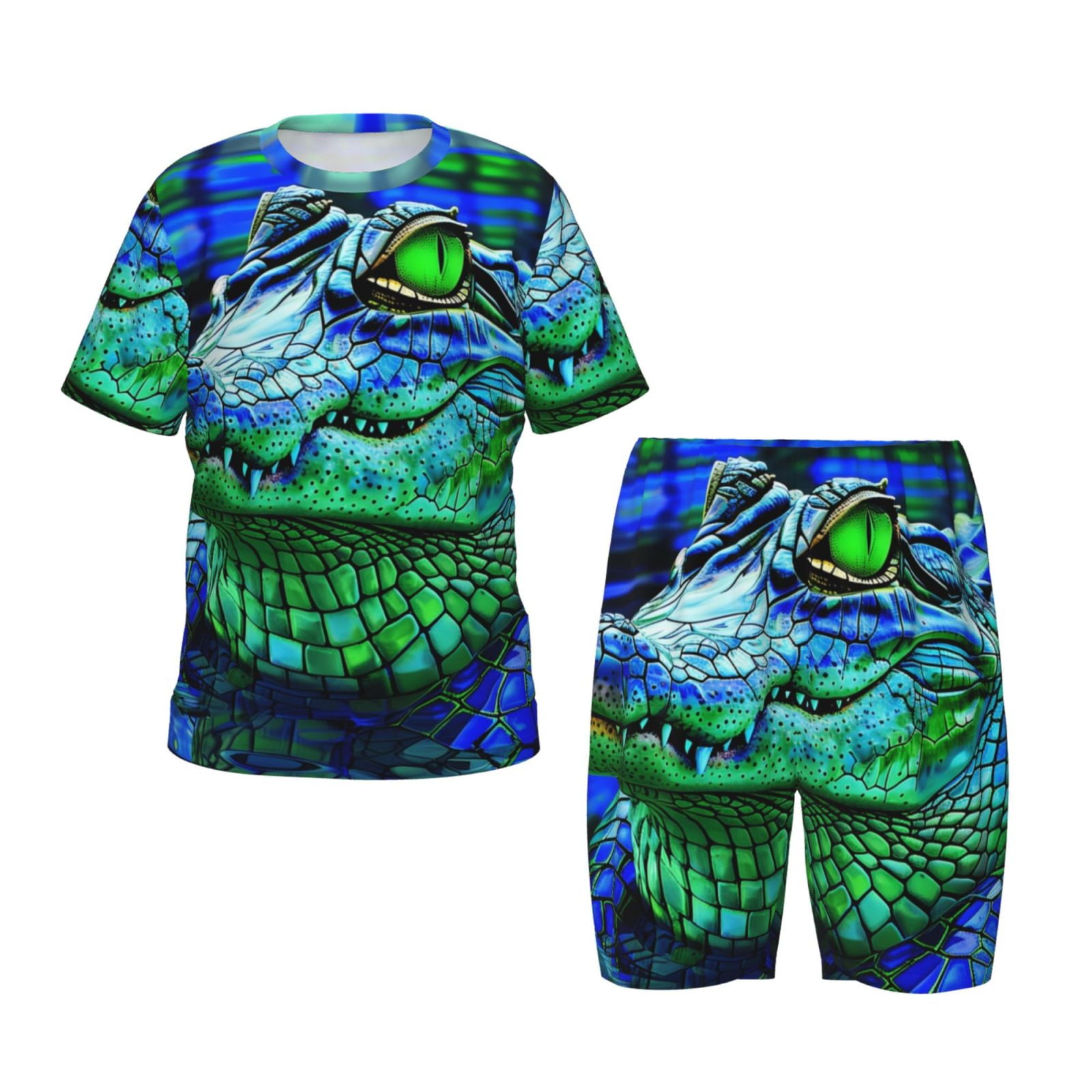 Vsdgher Colorful Stained Glass Crocodile for Kids Short Sleeve Pajamas