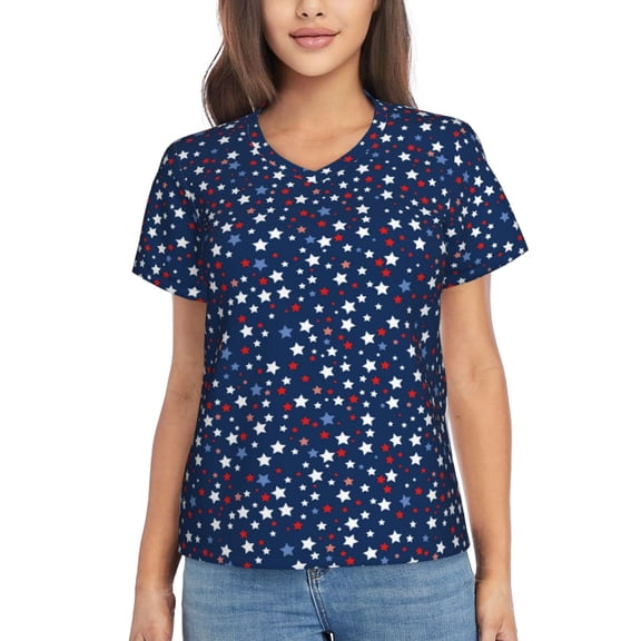 Vsdgher Colorful Stars Women Shirts V Neck Short Sleeve Tops T-Shirt Basic Tees, S to 3XLSmall