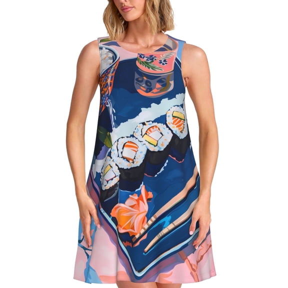 Vsdgher Colorful Sushi Food Art Print Summer Dresses for Women Casual U Neck Beach Dress Sleeveless Tank Loose Sundress with Pocket -X-Large
