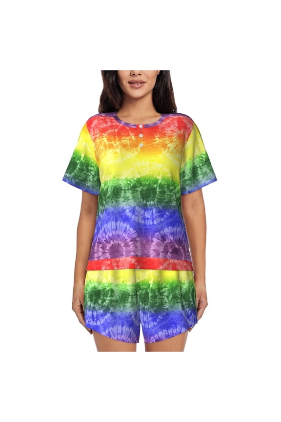 Colorful Tie Dye Pattern Womens Pajamas 2 Piece Short Sleeve Sleepwear Set,Summer Soft Pajamas Set Casual Lounge Sets, 2-Piece Pj -Large