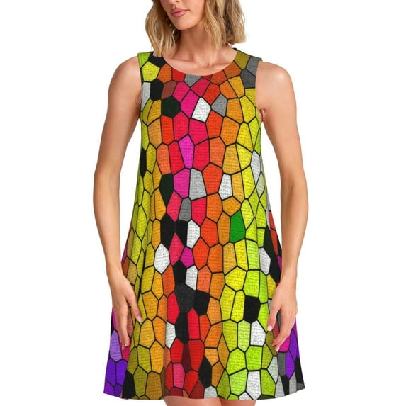 Vsdgher Colorful Tie Dye Stained Glass 1 Print Summer Dresses for Women Casual U Neck Beach Dress Sleeveless Tank Loose Sundress with Pocket -XX-Large