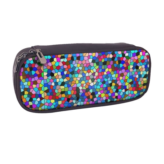 Vsdgher Colorful Tie Dye Stained Glass 2 Print Pen Case Leather Pencil Pouch Markers Holder Big Capacity Bag with Zippered Pocket for Stationery Tool