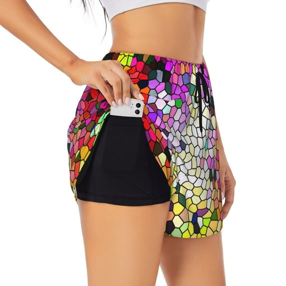 Vsdgher Colorful Tie Dye Stained Glass 3 Print Women's Running Double Layer Shorts High Waisted with Pockets Elastic Yoga Workout Athletic Gym Sports