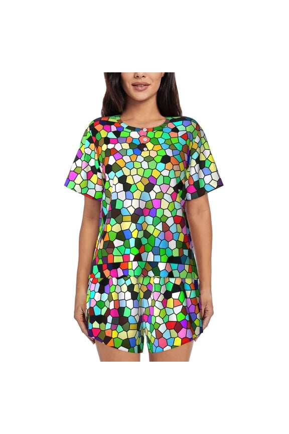 Colorful Tie Dye Stained Glass Pattern Womens Pajamas 2 Piece Short Sleeve Sleepwear Set,Summer Soft Pajamas Set Casual Lounge Sets, 2-Piece Pj -Large