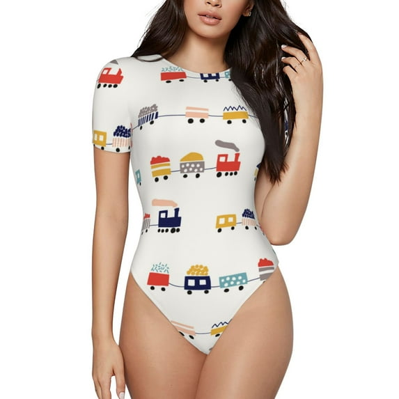 Vsdgher Colorful Trains Prinr Short Sleeve Body suit for Womens, Sexy Onesie One Piece Round Neck Bodysuit Shapewear Tummy Control-XX-Large