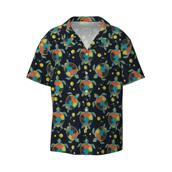 Vsdgher Colorful Turtles Print Men's Wrinkle Free Untucked Cuban Shirt Business Casual Button Down Shirts Short Sleeve Shirt