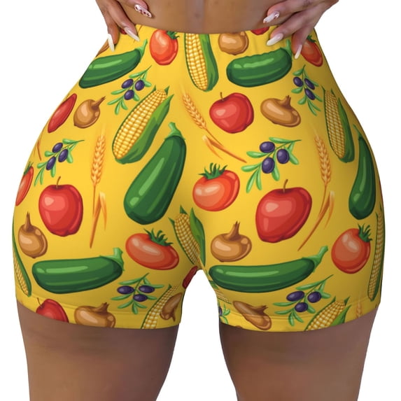 Vsdgher Colorful Vegetables print Workout Shorts for Women Seamless Soft Smooth Gym Yoga Scrunch Active Exercise Fitness Shorts