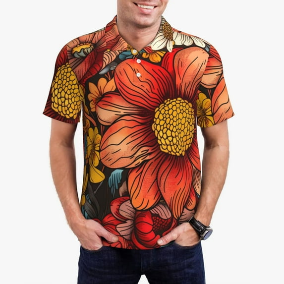 Vsdgher Colorful Vintage Floral Pattern Polo Shirts for Men, Men's Short Sleeve Stretch Polo Shirt, Shirts for Men-3X-Large