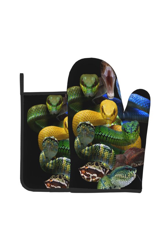 Colorful Viper Snake Oven Mitts and Pot Holders 2 pcs Set,High Heat Resistant Kitchen Oven Glove for Baking and Cooking