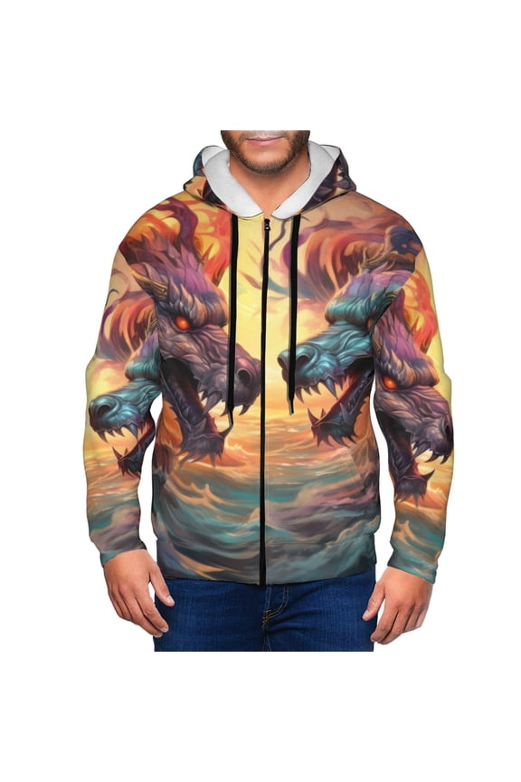 Colorful Wave Dragon Head Mens Hoodies Zip Hoodie, Hoodies for Men, Zip-up Hooded Sweatshirt-XX-Large