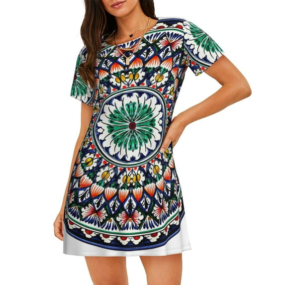 Vsdgher Colorful With Blue Oriental Pattern Womens Short Sleeve Sleepshirt Scoopneck Cute Nightdress Ruffle Comfy Nightgown