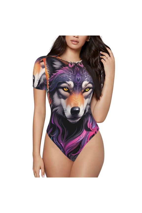 Colorful Wolf Head A Prinr Short Sleeve Body suit for Womens, Sexy Onesie One Piece Round Neck Bodysuit Shapewear Tummy Control-Large